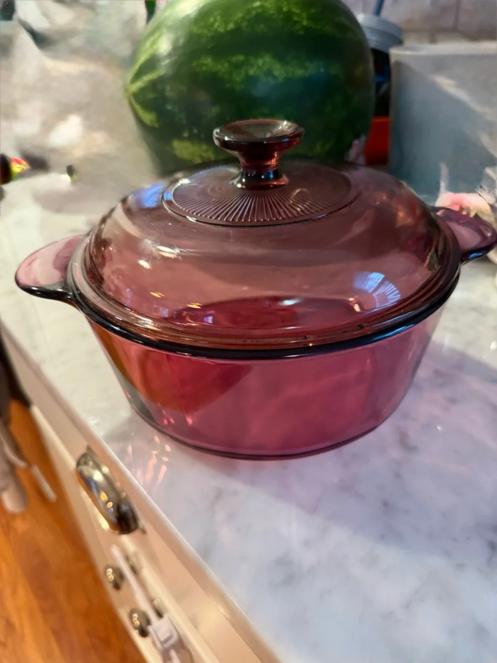 Vintage Corning Visions Cranberry Dutch Oven with two matching Pyrex lids 1.5L